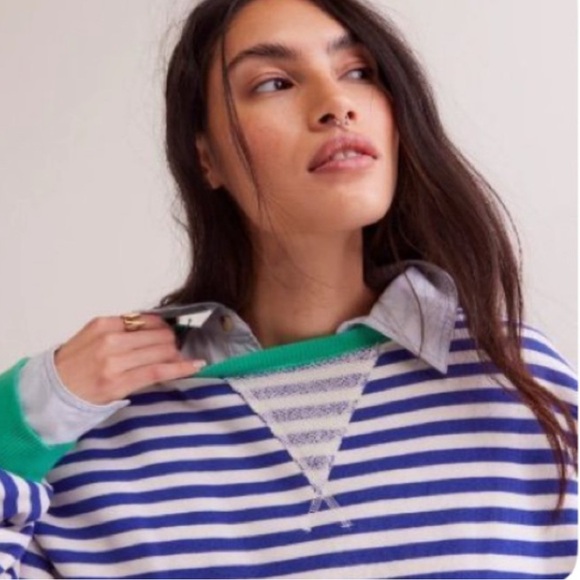 We The Free Free People Blue and White Striped Sweatshirt NWT - Picture 2 of 9
